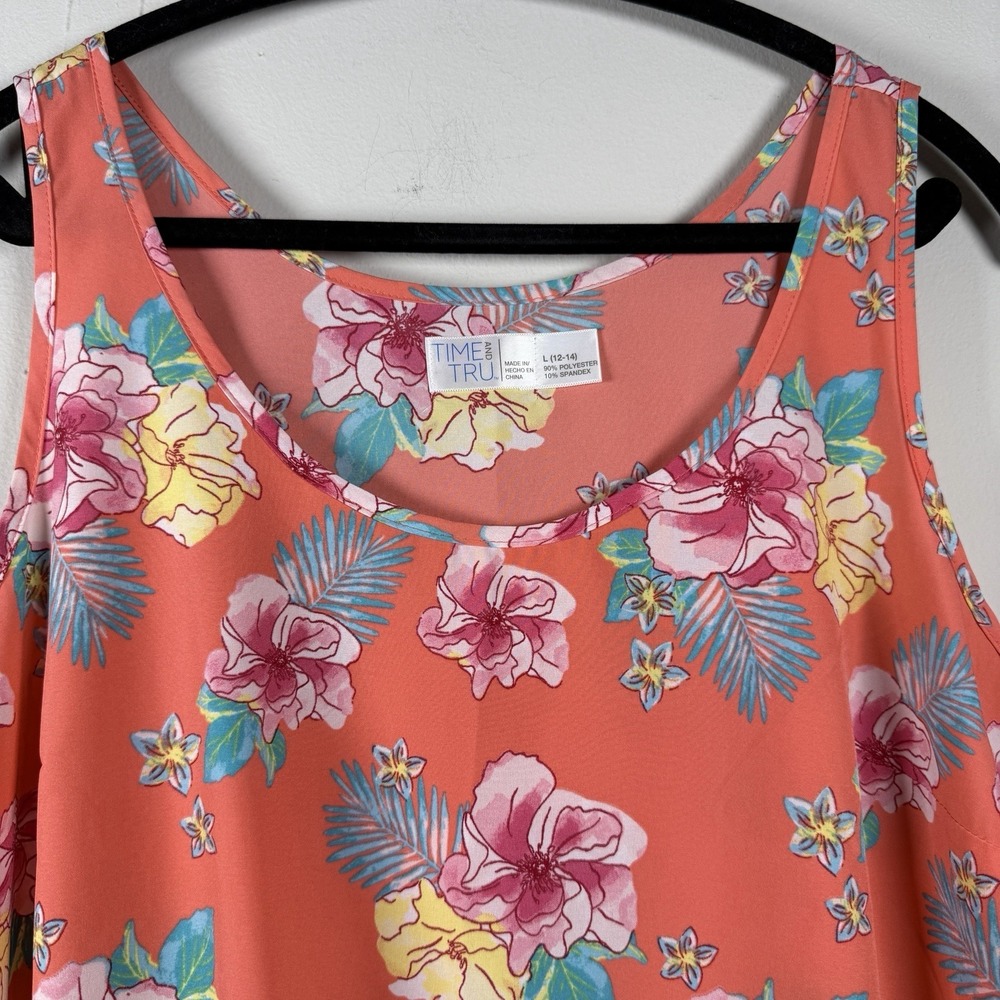 Time and Tru Coral Hawaiian Floral Tank Top Size L 12/14 Resortcore Tropical Fun
